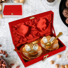 5636 5in1 Gold Silver Plated 2 Bowl 2 Spoon Tray Set Brass with Red Velvet Gift Box Serving Dry Fruits Desserts Gift