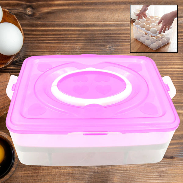 5725 2Layer, 32 Grid Egg Tray with Lid Egg Carrier Holder for Refrigerator, Camping Food Storage Container with Handle (1 Pc )