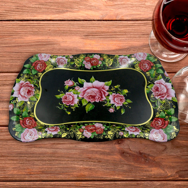 5537 Stainless Steel Serving Tray With Flower Printed Rectangle Premium Dining Table Plate (18 x 8.5 Inch / 1 Pc)