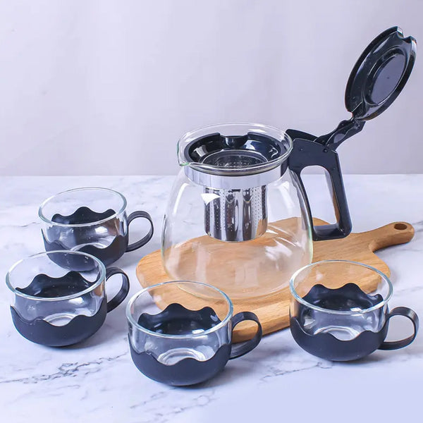 5886 Flame Proof Glass Kettle & Cup Set With Strainer High Quality Kettle Set For Home & Café Use  (4 Cup & 1 Kettle) (24 Pc MOQ)