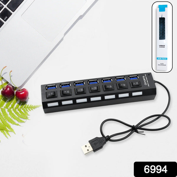 6994 USB Splitter Multi Port USB 2.0 Hub, 7 Port with Independent On/Off Switch and LED Indicators USB A Port Data Hub, Suitable for PC Computer Keyboard Laptop Mobile HDD, Flash Drive Camera Etc