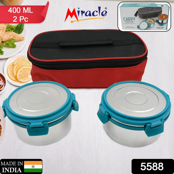 5588 Miracle Carry Lunch Box Microwave Safe Lunch Box With Insulated Bag 2 Compartment Lunch Box (400 ML / 2 pc)