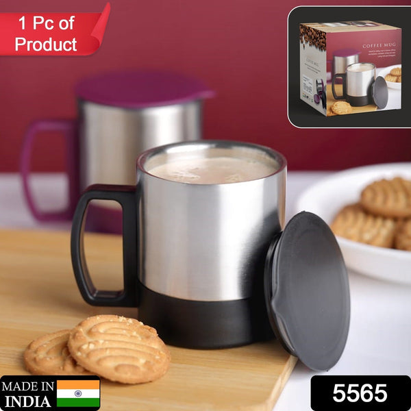 5565 Stainless Steel Coffee/Tea Cup, Stainless Steel Lid Cover Hot Coffee/Tea Mug Hot Insulated Double Wall Stainless Steel, Coffee and Milk Cup with Lid & Handle Easy To Carry - Coffee Cup (1 Pc)