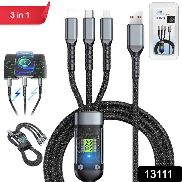 13111 3-in-1 Super Fast Charging Cable 100w, Multifunctional Convenient Super Fast Charging Cable Nylon Braided Cord, 3-in-1 Silicone Zinc Alloy 3 Head Charging Cable